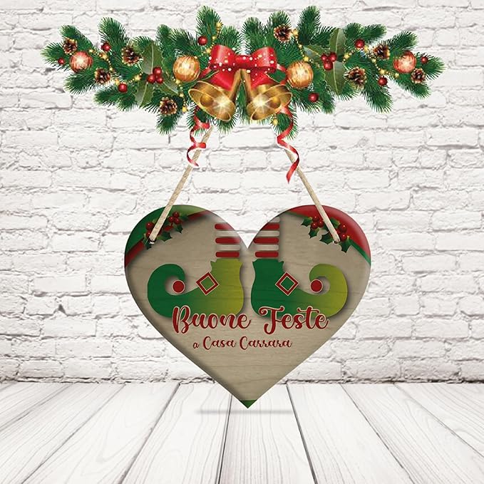 Fuori Porta Natalizio in Legno Targa Fuoriporta Personalizzata con Nomi Famiglia Natale da appendere alla porta Esterno o Interno casa ''Piedini Elfo''