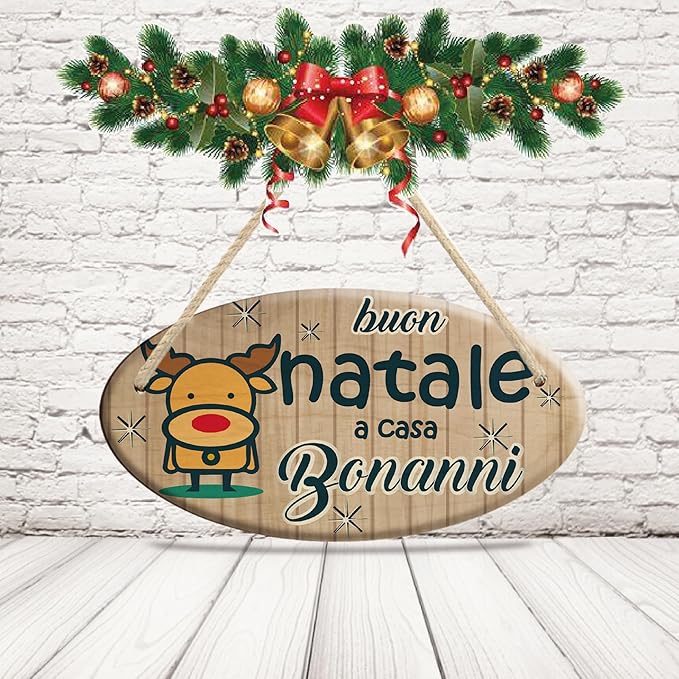 Fuori Porta Natalizio in Legno Targa Fuoriporta Personalizzata con Nomi Famiglia Natale da appendere alla porta Esterno o Interno casa ''RENNA''
