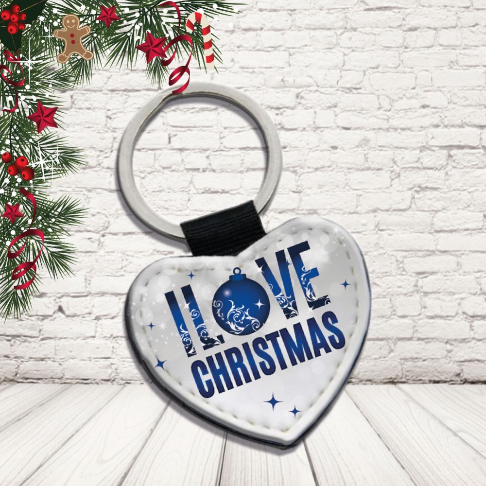 Portachiavi in Eco Pelle Simpatico Natalizio Divertente per Natale Decorativo Chiavi Casa Idea Regalo Originale Personalizzabile con nomi Famiglia ''LOVE CHRISTMAS BLU''
