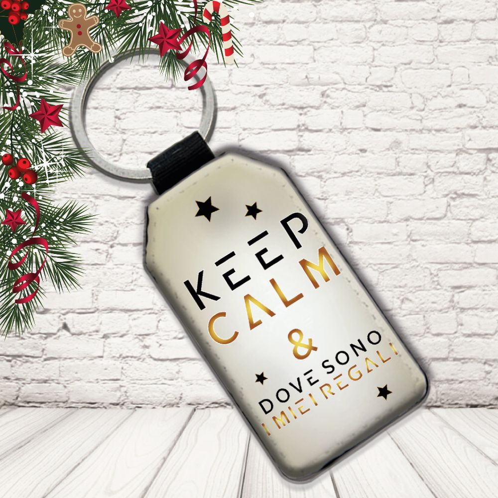 Portachiavi in Eco Pelle Simpatico Natalizio Divertente per Natale Decorativo Chiavi Casa Idea Regalo Originale Personalizzabile con nomi Famiglia ''KEEP CALM''
