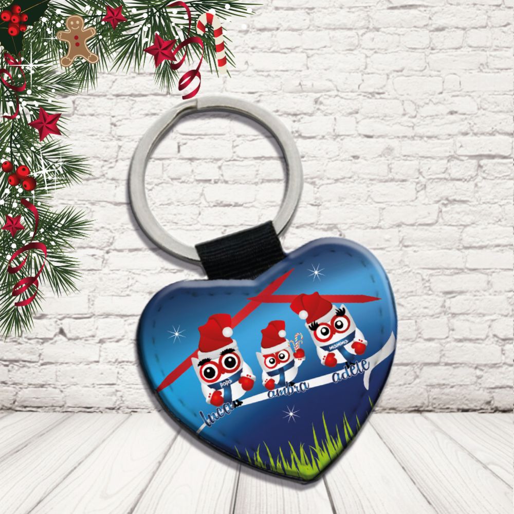Portachiavi in Eco Pelle Simpatico Natalizio Divertente per Natale Decorativo Chiavi Casa Idea Regalo Originale Personalizzabile con nomi Famiglia ''GUFETTI FAMILY''