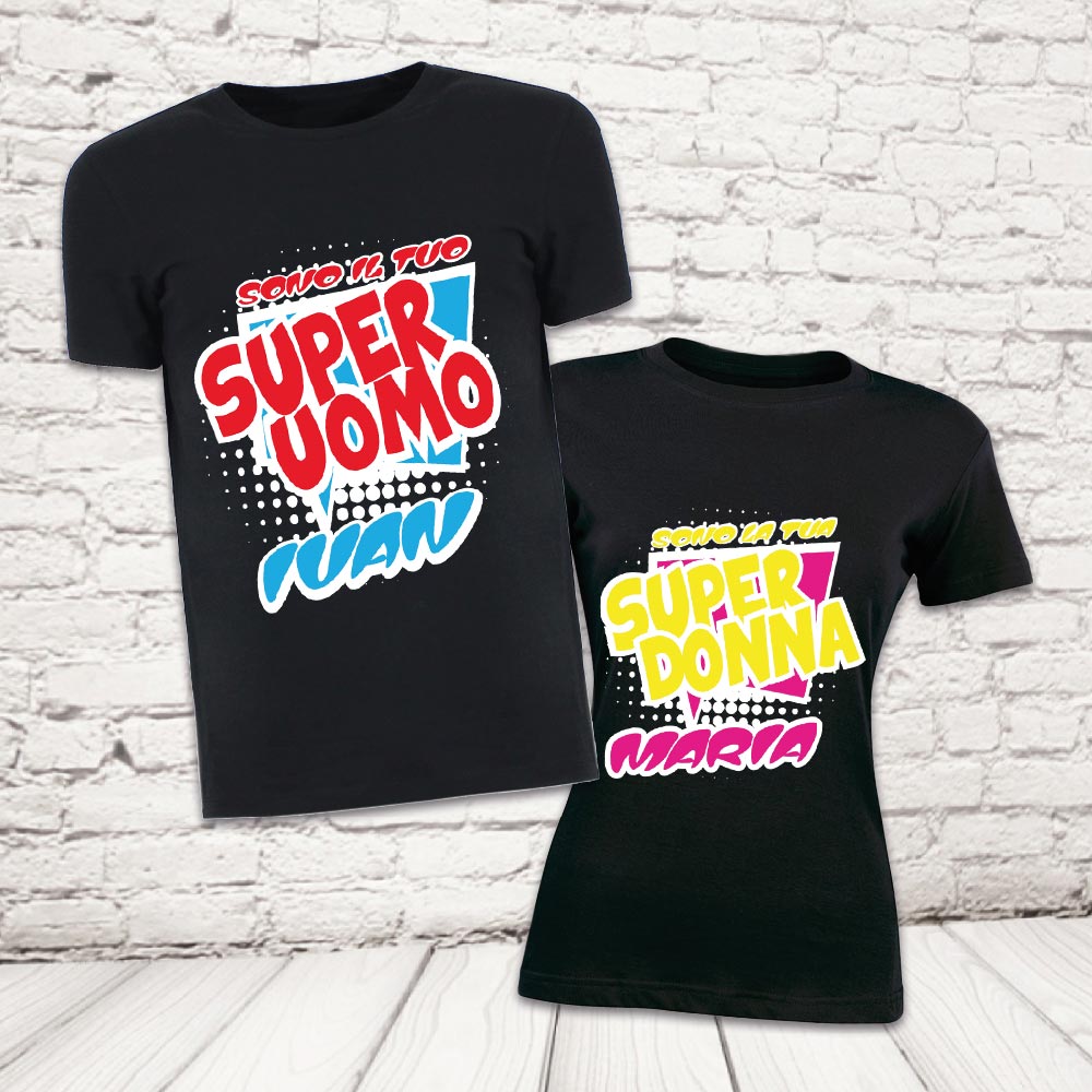 COPPIA T-SHIRT ''SUPER UOMO E DONNA '' NERE
