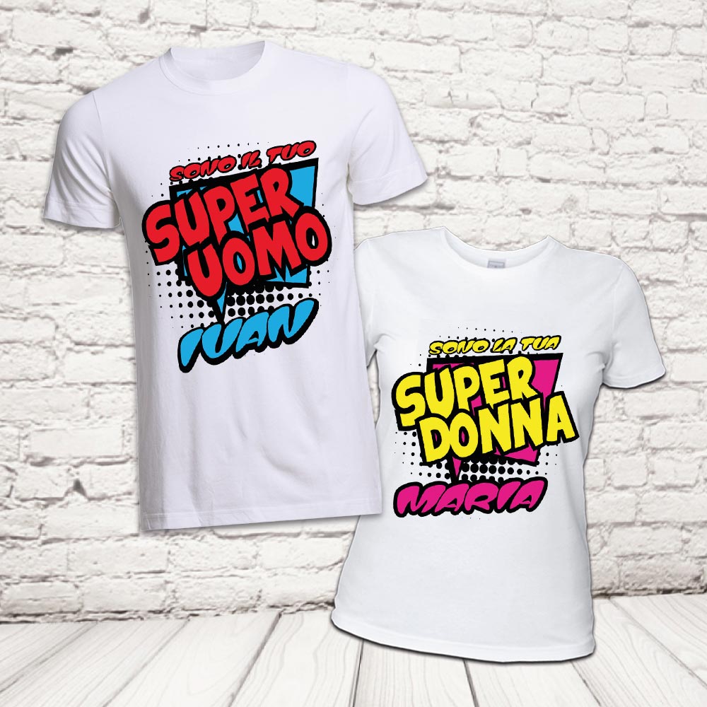 COPPIA T-SHIRT ''SUPER UOMO E DONNA '' BIANCHE