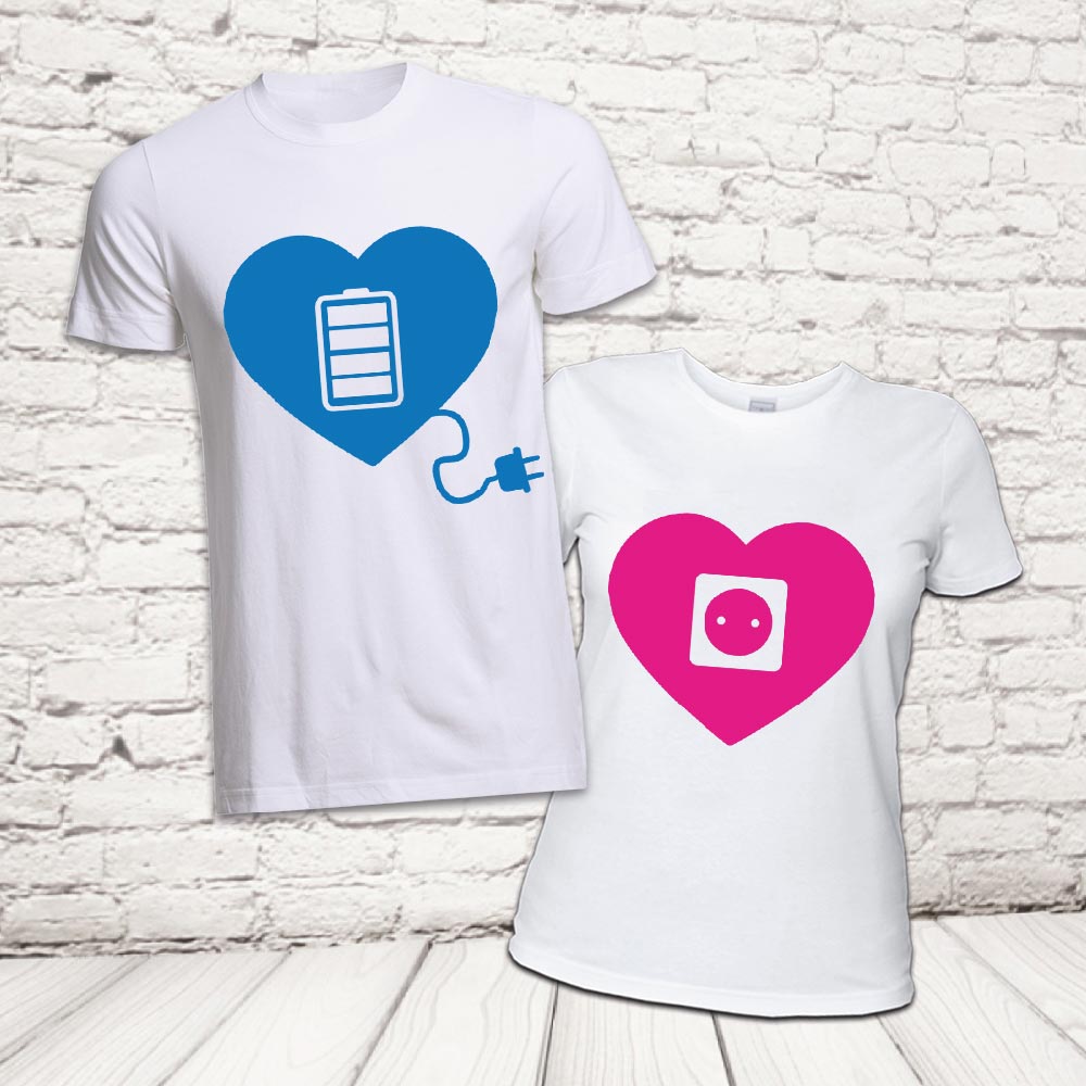 COPPIA T-SHIRT ''AMORE RICARICA '' BIANCHE