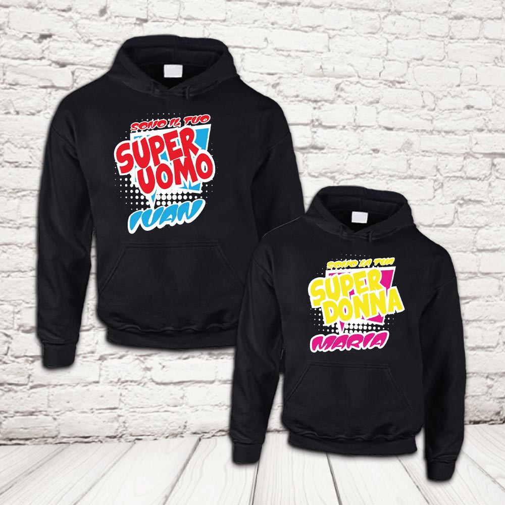 COPPIA FELPE ''SUPER UOMO E DONNA'' NERA