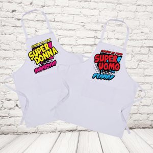 coppia grembiuli ''SUPER UOMO E DONNA'' BIANCHI