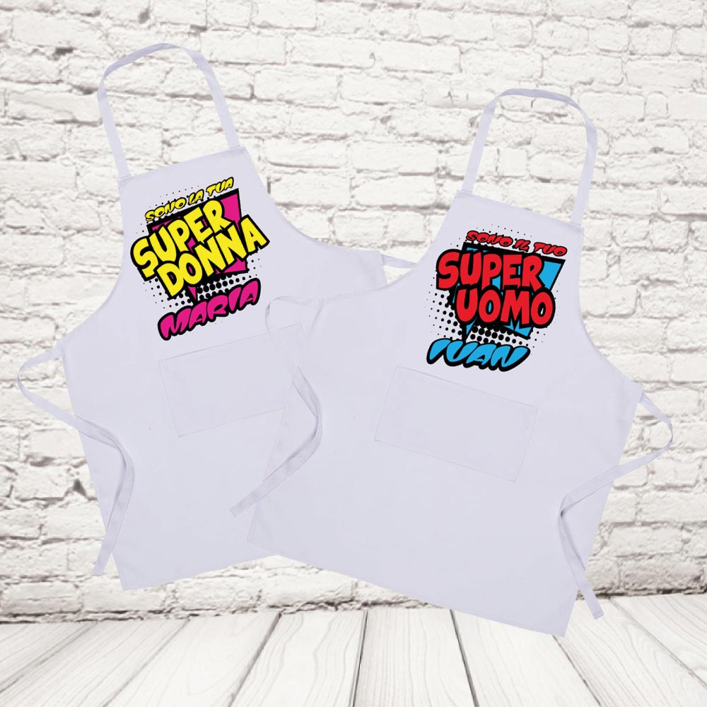 coppia grembiuli ''SUPER UOMO E DONNA'' BIANCHI