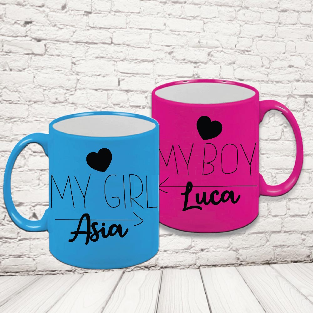 COPPIA TAZZE FLUO ''MY GIRL/BOY FRECCIA''
