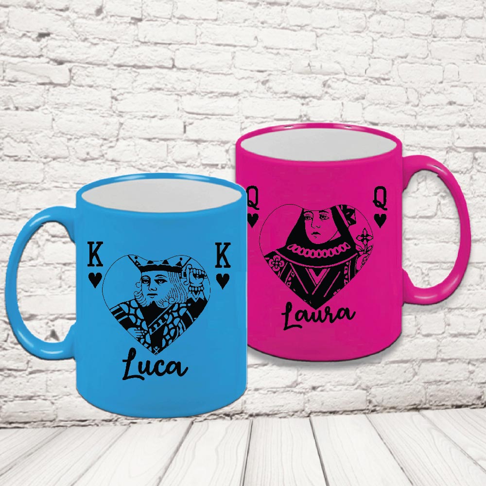 COPPIA TAZZE FLUO '' RE E REGINA DI CUORI''