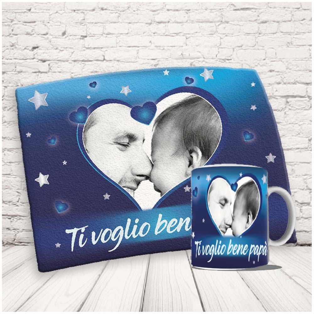 Kit Set Colazione Con Tazza Mug e Tovaglietta in Canvas - Idea Ragalo festa del Papà Compleanno per Lui Uomo Personalizzato con nome o Foto ''DAD BACI''