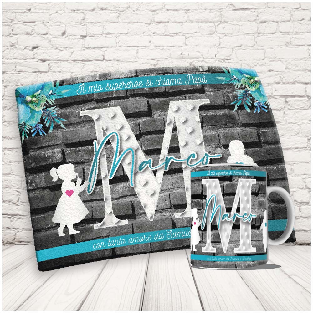 Kit Set Colazione Con Tazza Mug e Tovaglietta in Canvas - Idea Ragalo festa del Papà Compleanno per Lui Uomo Personalizzato con nome o Foto ''dad LETTER''