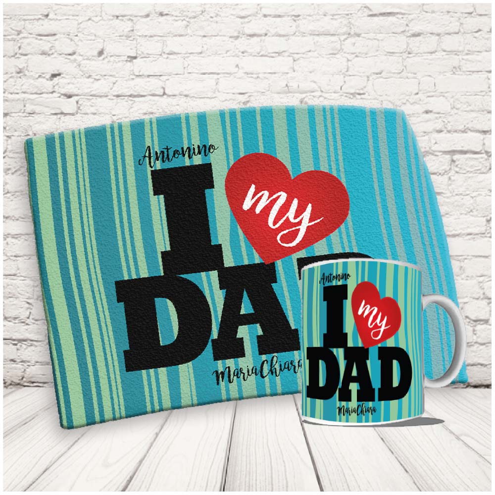 Kit Set Colazione Con Tazza Mug e Tovaglietta in Canvas - Idea Ragalo festa del Papà Compleanno per Lui Uomo Personalizzato con nome o Foto ''LOVE MY DAD CUORE''