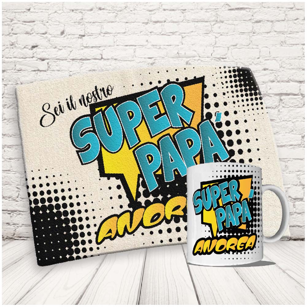 Kit Set Colazione Con Tazza Mug e Tovaglietta in Canvas - Idea Ragalo festa del Papà Compleanno per Lui Uomo Personalizzato con nome o Foto ''COMICS DAD''
