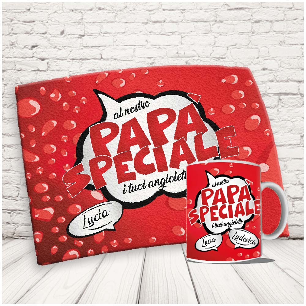 Kit Set Colazione Con Tazza Mug e Tovaglietta in Canvas - Idea Ragalo festa del Papà Compleanno per Lui Uomo Personalizzato con nome o Foto ''DAD VIGNETTE''