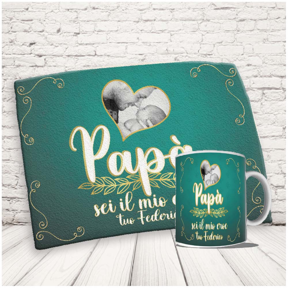 Kit Set Colazione Con Tazza Mug e Tovaglietta in Canvas - Idea Ragalo festa del Papà Compleanno per Lui Uomo Personalizzato con nome o Foto ''DAD IL MIO EROE''