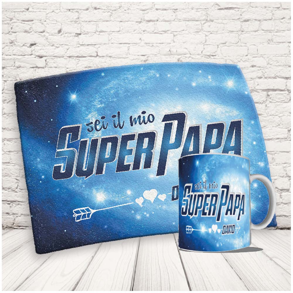 Kit Set Colazione Con Tazza Mug e Tovaglietta in Canvas - Idea Ragalo festa del Papà Compleanno per Lui Uomo Personalizzato con nome o Foto ''DAD STELLE''