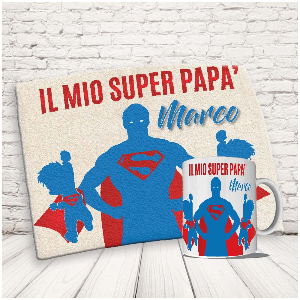 Kit Set Colazione Con Tazza Mug e Tovaglietta in Canvas - Idea Ragalo festa del Papà Compleanno per Lui Uomo Personalizzato con nome o Foto ''DAD SUPER EROE''