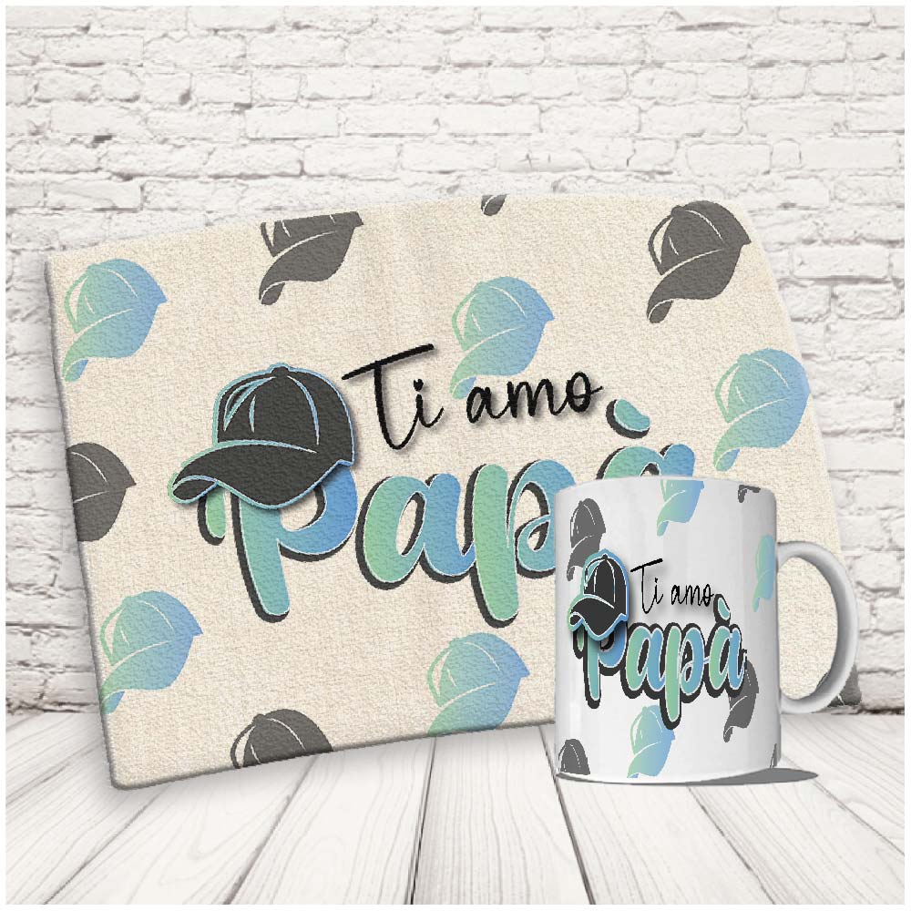 Kit Set Colazione Con Tazza Mug e Tovaglietta in Canvas - Idea Ragalo festa del Papà Compleanno per Lui Uomo Personalizzato con nome o Foto ''DAD CAP''