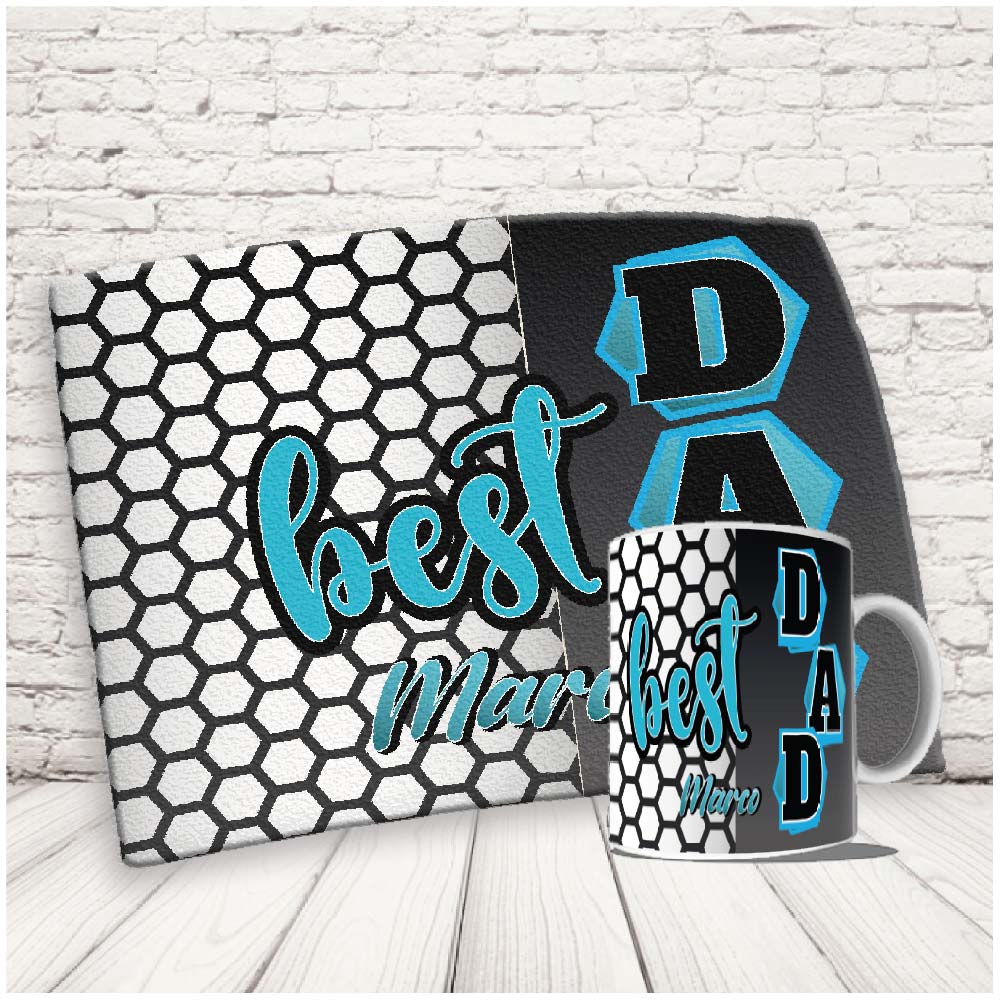 Kit Set Colazione Con Tazza Mug e Tovaglietta in Canvas - Idea Ragalo festa del Papà Compleanno per Lui Uomo Personalizzato con nome o Foto ''BEST DAD BLU''