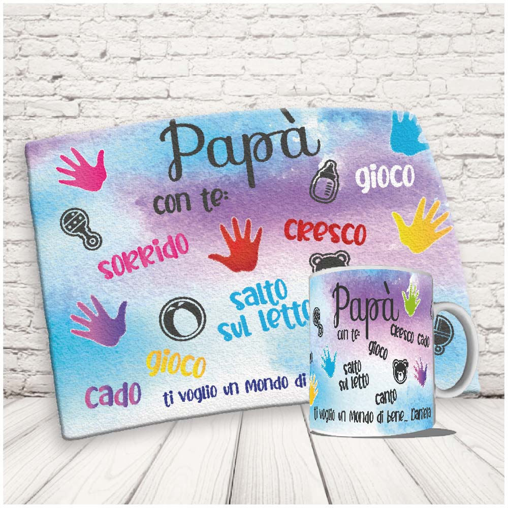 Kit Set Colazione Con Tazza Mug e Tovaglietta in Canvas - Idea Ragalo festa del Papà Compleanno per Lui Uomo Personalizzato con nome o Foto ''CON TE CRESCO''