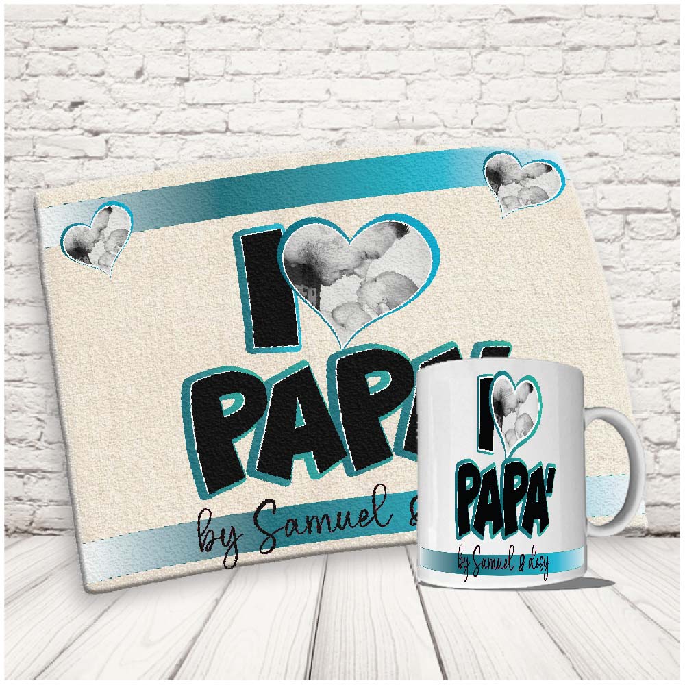 Kit Set Colazione Con Tazza Mug e Tovaglietta in Canvas - Idea Ragalo festa del Papà Compleanno per Lui Uomo Personalizzato con nome o Foto ''DAD CUORE AZZURRO''