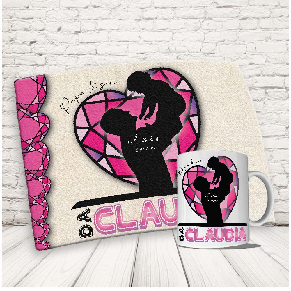 Kit Set Colazione Con Tazza Mug e Tovaglietta in Canvas - Idea Ragalo festa del Papà Compleanno per Lui Uomo Personalizzato con nome o Foto ''DAD CRISTALLO ROSA''