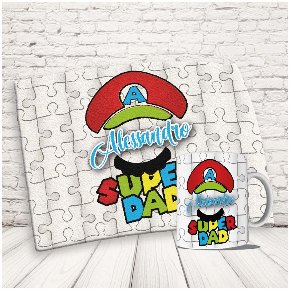 Kit Set Colazione Con Tazza Mug e Tovaglietta in Canvas - Idea Ragalo festa del Papà Compleanno per Lui Uomo Personalizzato con nome o Foto ''SUPER DAD BROS''