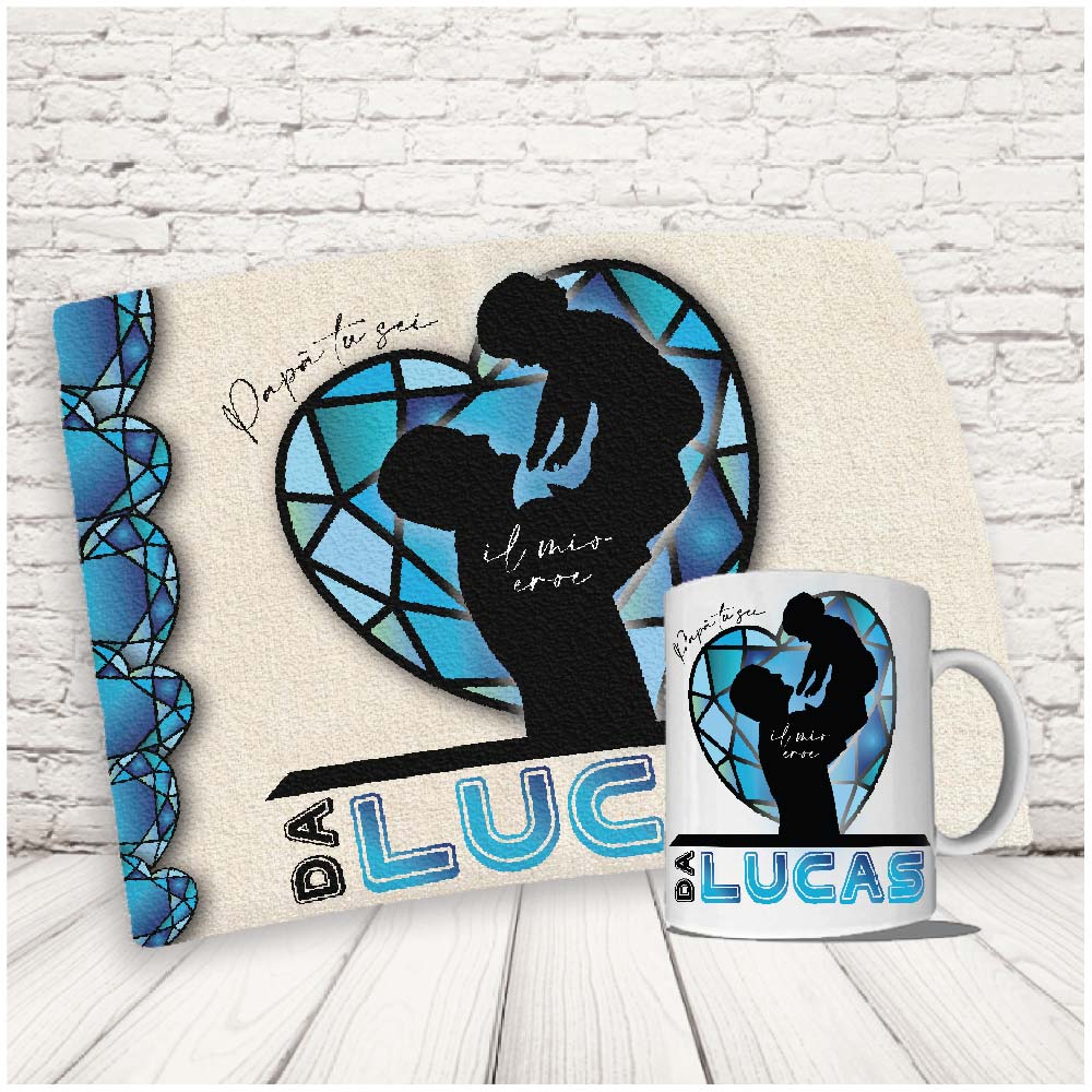 Kit Set Colazione Con Tazza Mug e Tovaglietta in Canvas - Idea Ragalo festa del Papà Compleanno per Lui Uomo Personalizzato con nome o Foto ''CRISTALLO AZZURRO''