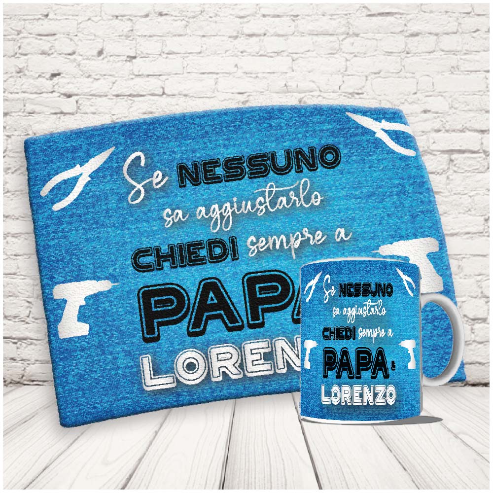 Kit Set Colazione Con Tazza Mug e Tovaglietta in Canvas - Idea Ragalo festa del Papà Compleanno per Lui Uomo Personalizzato con nome o Foto ''Dad AGGIUSTATUTTO''