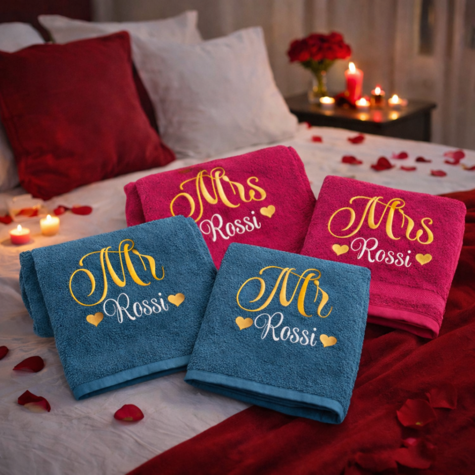 D&Vlab Asciugamani Personalizzati con Nome e Iniziale Ricamato, Set 4 Pezzi (2 Viso + 2 Ospite), 100% Cotone Spugna, Multicolore, Idea Regalo Lui e Lei (GOLD MRS)