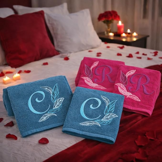 D&Vlab Asciugamani Personalizzati con Nome e Iniziale Ricamato, Set 4 Pezzi (2 Viso + 2 Ospite), 100% Cotone Spugna, Multicolore, Idea Regalo Lui e Lei (PIUME)