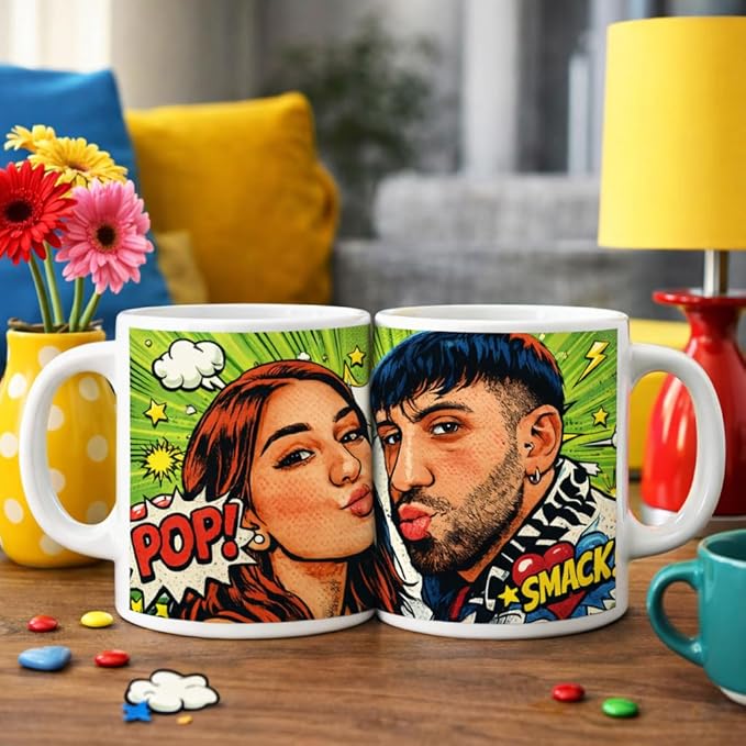 Coppie di Tazze Mug in Ceramica Per Colazione con Stampa Personalizzata POP ART con Foto, Idea Regalo Anniversario per Lei e Lui San Valentino Coppia stile Cartoon