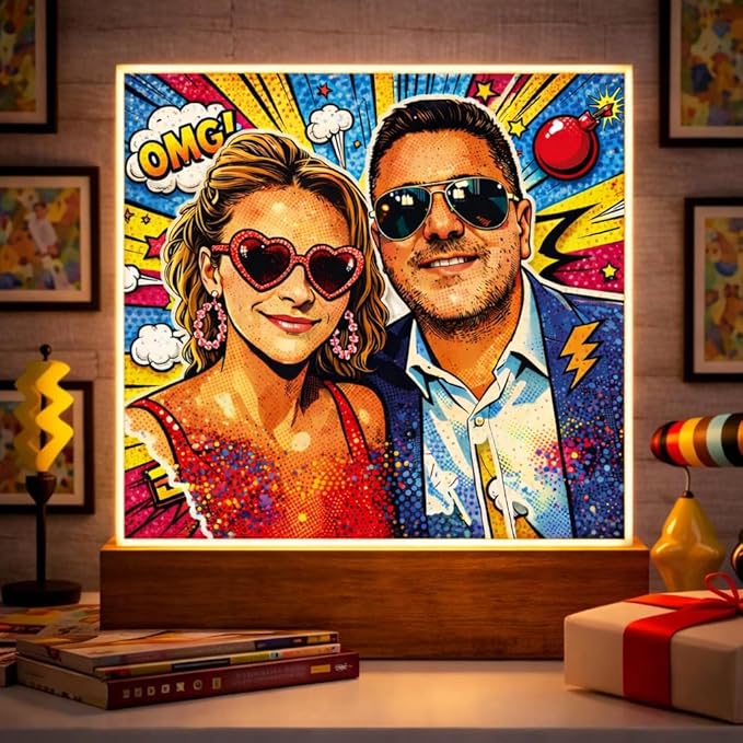 Lampada led Notturna Targa in Plexiglass POP ART base legno a Forma Quadrata personalizzata con Foto Idea Regalo Anniversario per Lei e Lui San Valentino Coppia di Fidanzati Amore