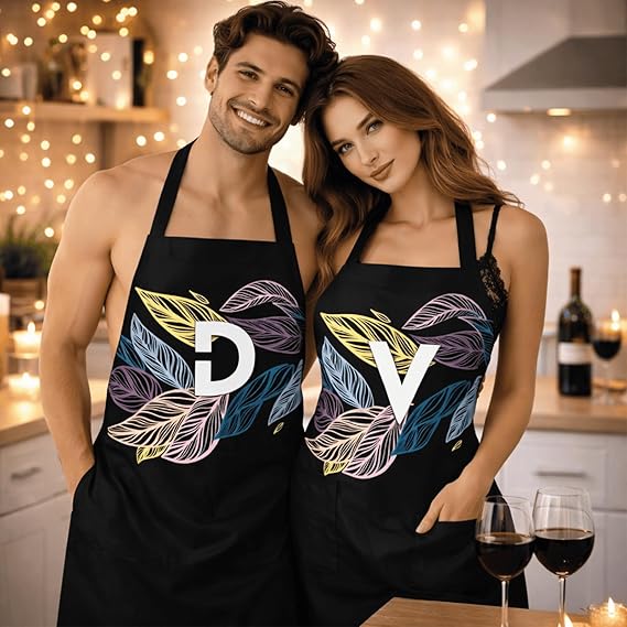 Set 2 Pezzi Grembiuli da Cucina Made in Italy per Coppia Personalizzabili con Nomi, Grembiuli da Cuoco, Regalo di Compleanno, Fidanzamento, San Valentino, Natale INIZIALI COLORI