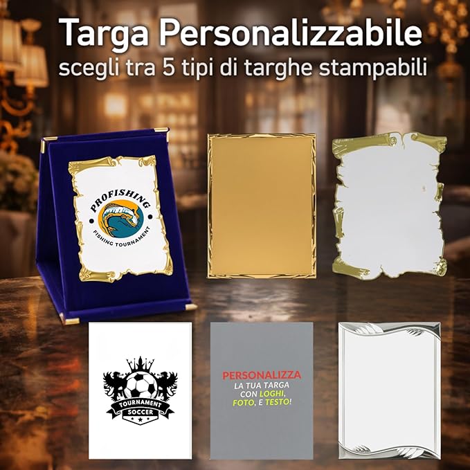 Targa Personalizzata con Astuccio Blu Verticale con Logo Immagini e Scritte per Premiazioni Gare di Calcio, Basket, Volley, Eventi Sportivi, Fantacalcio, Caccia, Pesca