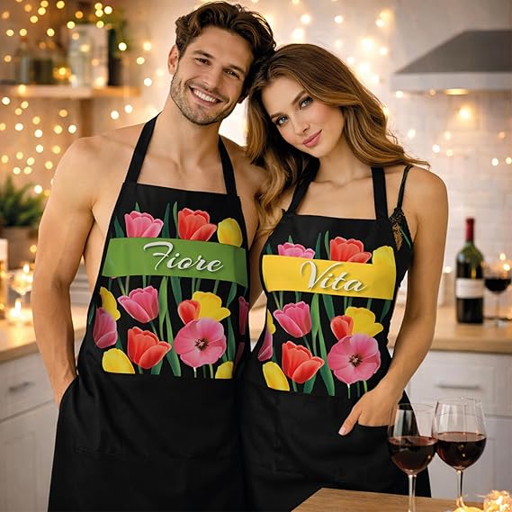 Set 2 Pezzi Grembiuli da Cucina Made in Italy per Coppia Personalizzabili con Nomi, Grembiuli da Cuoco, Regalo di Compleanno, Fidanzamento, San Valentino, Natale PATTERN