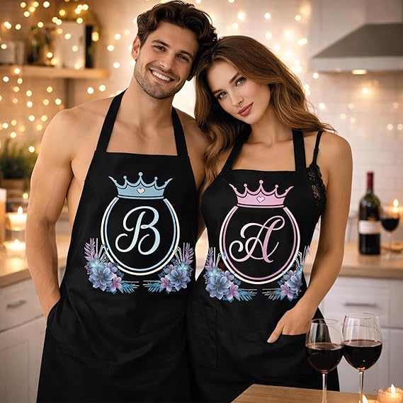 Set 2 Pezzi Grembiuli da Cucina Made in Italy per Coppia Personalizzabili con Nomi, Grembiuli da Cuoco, Regalo di Compleanno, Fidanzamento, San Valentino, Natale INIZIALI CORONE
