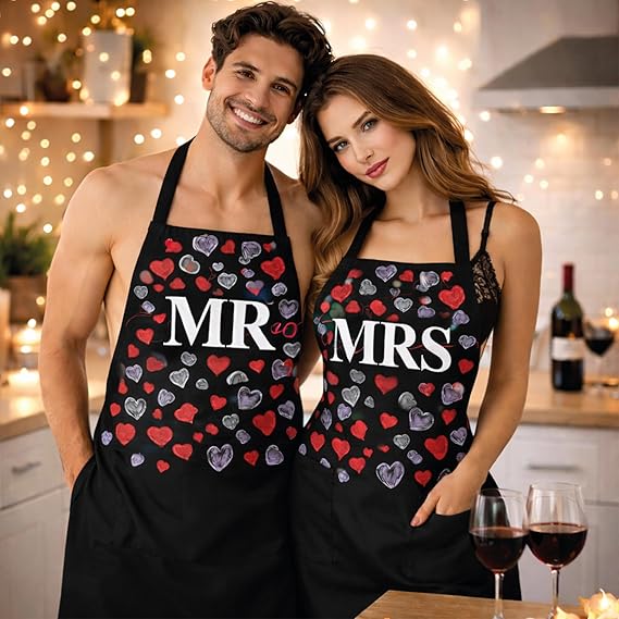 Set 2 Pezzi Grembiuli da Cucina Made in Italy per Coppia Personalizzabili con Nomi, Grembiuli da Cuoco, Regalo di Compleanno, Fidanzamento, San Valentino, Natale MR AND MRS