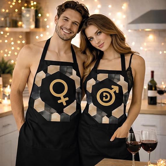 Set 2 Pezzi Grembiuli da Cucina Made in Italy per Coppia Personalizzabili con Nomi, Grembiuli da Cuoco, Regalo di Compleanno, Fidanzamento, San Valentino, Natale ICONA GENERE