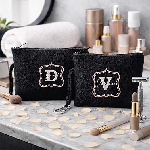 Set 2 Pochette da Viaggio Personalizzate per Coppia Uomo Donna – Pochette Nere in Tela Doppio Strato – Con Nomi Ricamati – Idea Regalo San Valentino, Anniversario, Lui e Lei ''CORNICE''