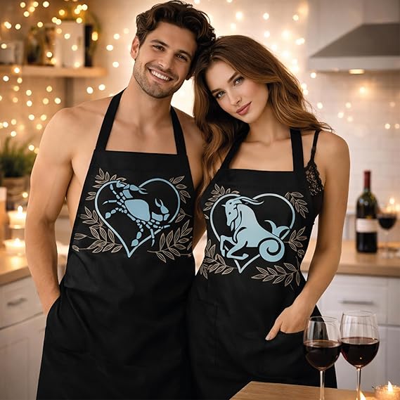 Set 2 Pezzi Grembiuli da Cucina Made in Italy per Coppia Personalizzabili con Segno Zodiacale, Grembiuli da Cuoco, Regalo di Compleanno, Fidanzamento, San Valentino, Natale Zodiaco