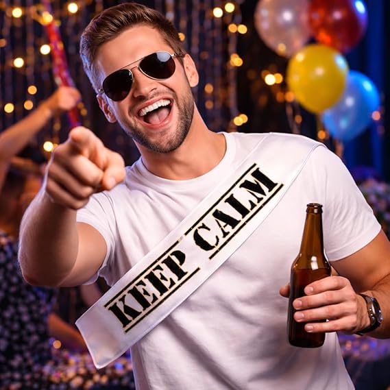 Fascia in Raso per Uomo Addio al Celibato Matrimonio con Stampa Personalizzata per Sposo ed Amici Grafica Divertente Gadget Originale per Festa ''KEEP CALM SPOSO''