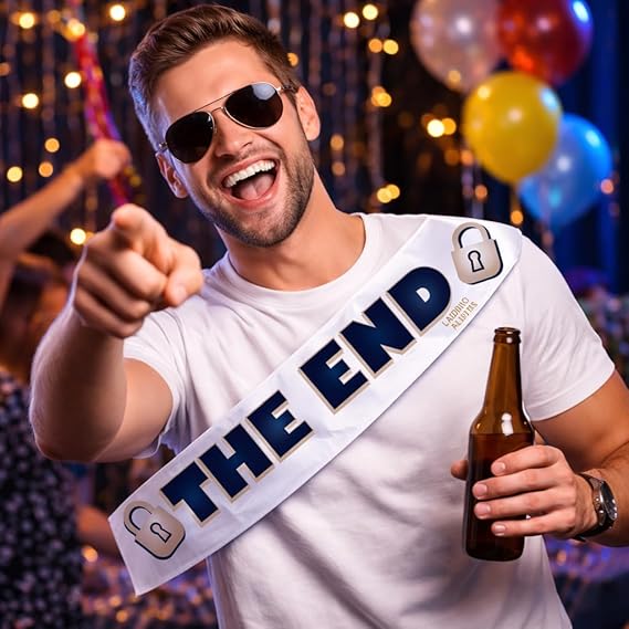 Fascia in Raso per Uomo Addio al Celibato Matrimonio con Stampa Personalizzata per Sposo ed Amici Grafica Divertente Gadget Originale per Festa ''THE END''