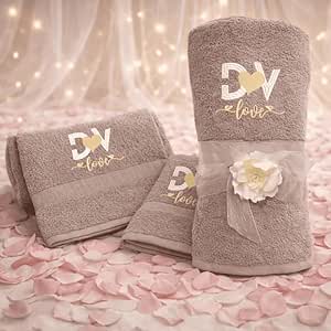 Kit Set Completo asciugamani da bagno 3 pezzi Telo viso bidet Personalizzate Ricamate con Iniziali - Spugna di Puro Cotone Idrofilo beige - Idea Regalo per lui e lei Albergo LETTER LOVE