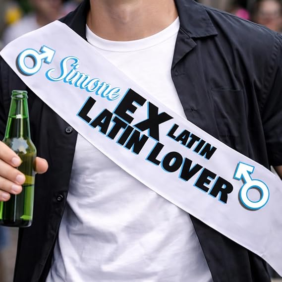 Fascia in Raso per Uomo Addio al Celibato Matrimonio con Stampa Personalizzata per Sposo ed Amici Grafica Divertente Gadget Originale per Festa ''EX LATIN LOVER''