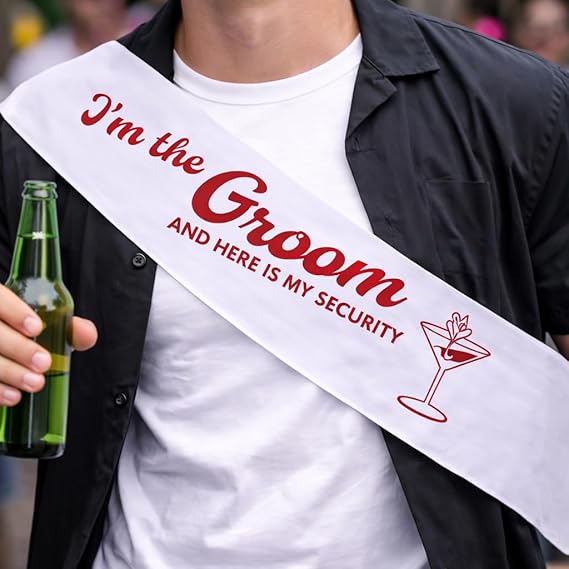 Fascia in Raso per Uomo Addio al Celibato Matrimonio con Stampa Personalizzata per Sposo ed Amici Grafica Divertente Gadget Originale per Festa ''GROOM SECURITY''