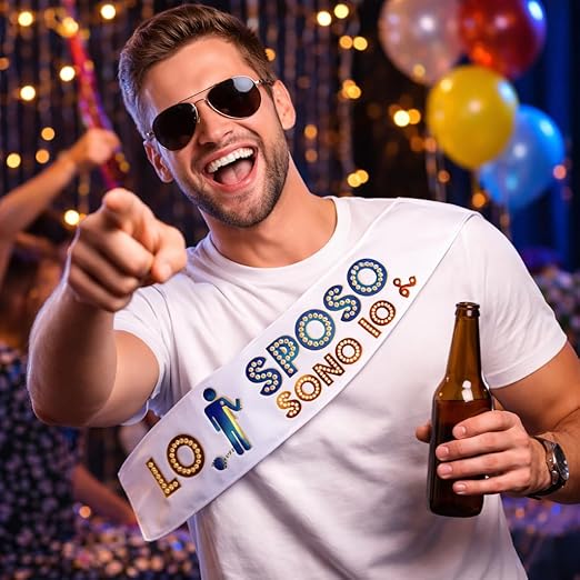 Fascia in Raso per Uomo Addio al Celibato Matrimonio con Stampa Personalizzata per Sposo ed Amici Grafica Divertente Gadget Originale per Festa ''LO SPOSO SONO IO''