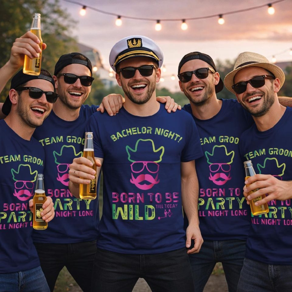 Kit Pacchetto Magliette per Addio al Celibato Uomo Sposo ''BORN TO BE WILD'' Maglietta T-shirt Amici dello sposo, gadget Maglia Festa Addio al Celibato Bianca Nera Blu Verde Militare