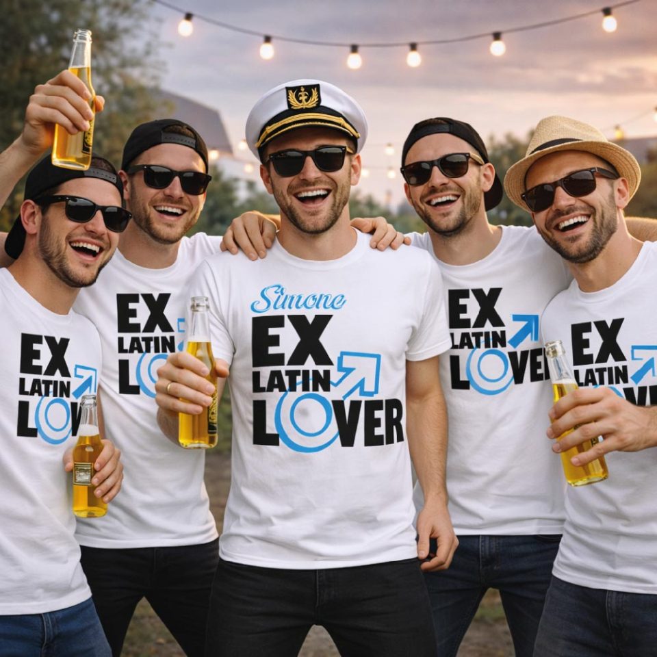 Kit Pacchetto Magliette per Addio al Celibato Uomo Sposo ''EX LATIN LOVER'' Maglietta T-shirt Amici dello sposo, gadget Maglia Festa Addio al Celibato Bianca Nera Blu Verde Militare