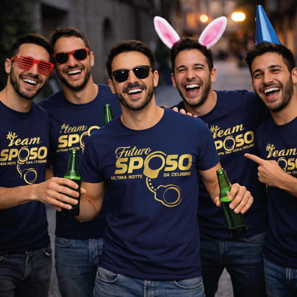 Kit Pacchetto Magliette per Addio al Celibato Uomo Sposo ''FUTURO SPOSO MANETTE'' Maglietta T-shirt Amici dello sposo, gadget maglia festa addio al celibato bianca nera blu verde militare